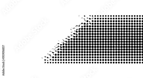 Dots abstract pattern with irregular edge and scattered elements, black and white graphic featuring broken, digital,