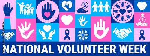 National Volunteer Week Banner or background design. Navy Blue Graphic with White Typography and a Multi-Color Grid of Icons Featuring Hearts, Helping Hands, Diverse People, and Community Support Symb