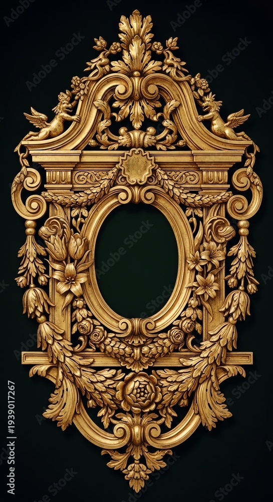 Fototapeta premium Intricately designed gold picture frame with ornate floral patterns and filigree on a black background.