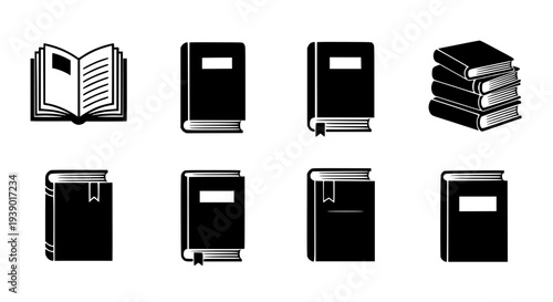 Books icon set with various styles and black color featuring icons, white, simple with graphic and illustrations