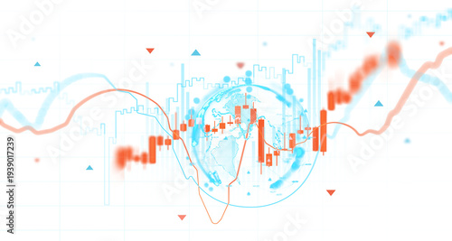 Fotografie Financial chart with candlesticks and world map in soft blur drawing on white ba