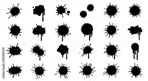 Splatter ink blots set with dripping effects, abstract grunge shapes, black graphic elements featuring paint splatters,