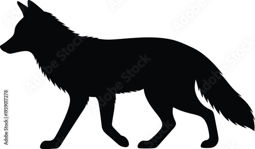 Black silhouette of a fox walking, isolated on transparency background, vector illustration with simple lines