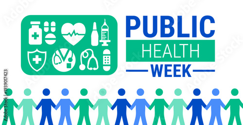 Public Health Week Banner or background. White Graphic with Bold Teal and Blue Typography and a Green Icon Grid featuring a Stethoscope, Syringe, Shield, and Medicine above a row of Paper-Chain People