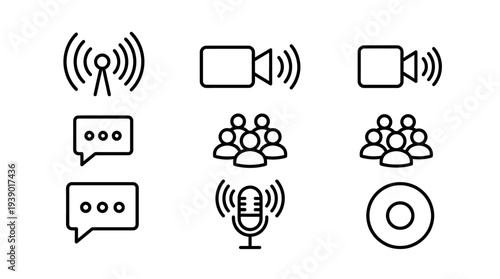 Monochrome Communication And Broadcast Symbols With Audio And Chat Elements