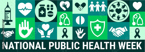 National Public Health Week Banner or background. Green Grid Graphic with White Medical Icons including a Stethoscope, Syringe, Shield, and Heart Symbols to Promote Community Wellness.
