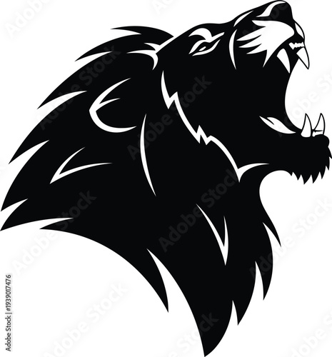 Roaring lion head silhouette with open mouth and sharp teeth, depicting power and aggression in wildlife