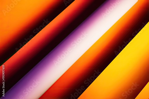 Diagonal bands of color, ranging from deep reds to bright yellows, create a vibrant abstract