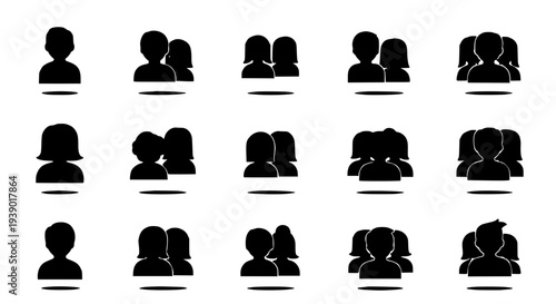 People icons set with diverse group compositions and individual silhouettes... featuring avatars, user profiles,