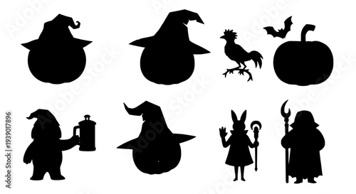 Witches set with magical objects and pumpkins silhouettes featuring witch, magic, silhouette with halloween and black