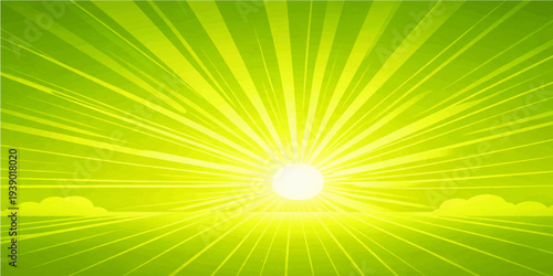 Bright sunburst with glowing rays and a yellow sun in a blue summer sky over green nature for a bright vector illustration wallpaper