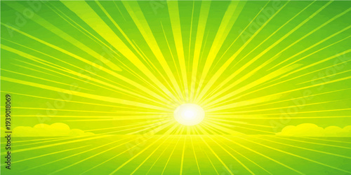 A bright sunny summer background featuring a radial yellow sunburst with glowing light rays and a blue sky flare illustration in a vibrant vector design