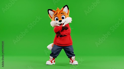 Animated Cartoon Fox in Red Hoodie Dancing on Green Screen
