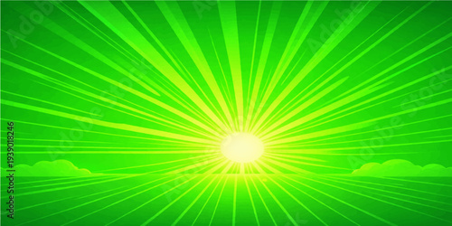 Bright green abstract nature backdrop featuring a sunburst explosion of sunlight rays and glowing summer energy in a vibrant spring sky vector illustration