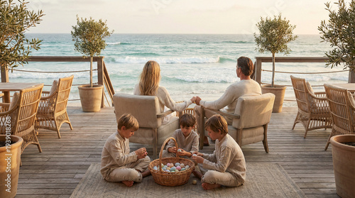 Happy Family Relaxing on a Wooden Oceanfront Deck During Sunset with Easter Eggs and potted Trees