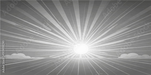 A bright summer sun burst shines through blue clouds, creating a glowing nature wallpaper with light rays and a flare effect against the sky backdrop