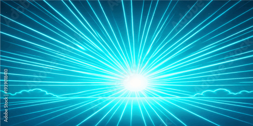 Bright blue abstract background featuring a sunburst of light rays and glowing star flares in a vibrant summer sky design illustration