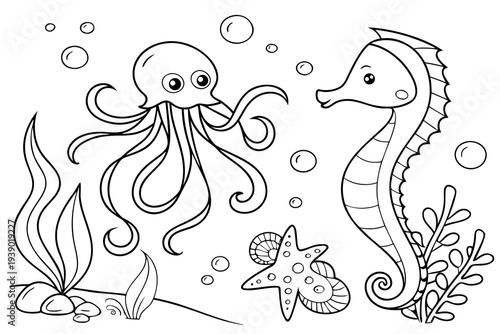 Deep Ocean Creatures Coloring Page for Kids - Octopus, Jellyfish, Seahorse Line Art