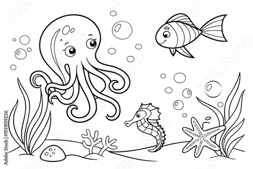 Deep Ocean Creatures Coloring Page for Kids - Octopus, Jellyfish, Seahorse Line Art