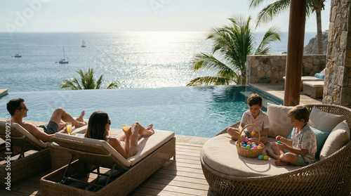 Luxury Family Vacation Relaxing By Infinity Pool With Ocean View Enjoying Tropical Resort Lifestyle And Sunny Coastal Holiday