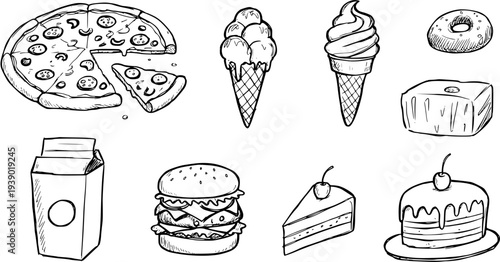 Black and White Hand Drawn Line Art Illustration of Various Fast Food and Dessert Items - Pizza, Burger, Ice Cream, Donut, Cake, and Milk Carton