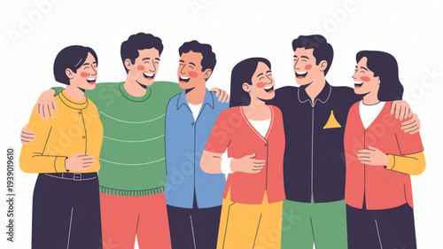 Diverse group of six young adults standing together smiling and embracing each other in colorful casual clothing against a plain white background