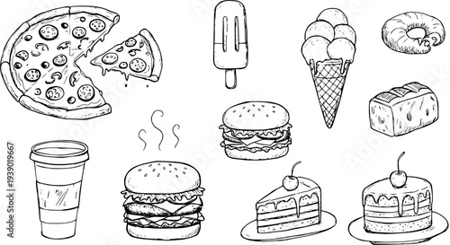 Black and White Line Art Food Collection Sketch. Hand-drawn Fast Food, Dessert, and Drink Icons for Menus, Cafe, and Bakery Design.