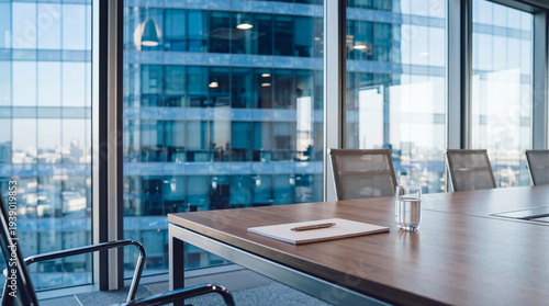 Professional photograph of a modern office conference room with city views through large windows.