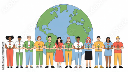 Diverse group of people holding hands around the world symbolizing global unity and environmental awareness in a colorful illustration