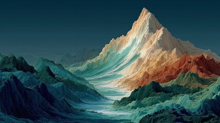 Colorful abstract digital mountain range with wavy textures and peaks