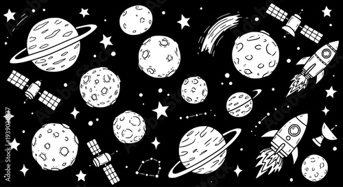 Black and White Line Art Space Scene with Planets, Rockets, Satellites, and Stars