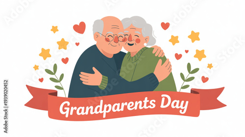 Elderly couple embracing with grandparents day banner surrounded by hearts and stars illustration