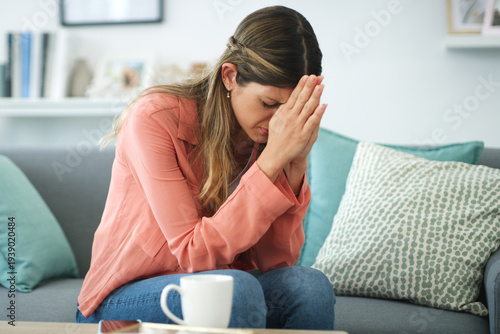 Billede på lærred Mental health, fear and woman on sofa with thinking, anxiety trigger or memory of past trauma