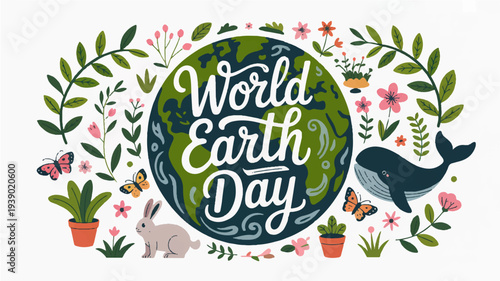 World earth day celebration with eco friendly illustrations of animals plants and flowers