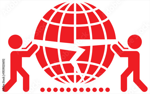 Two Figures Pulling Apart Cracked Globe Illustration