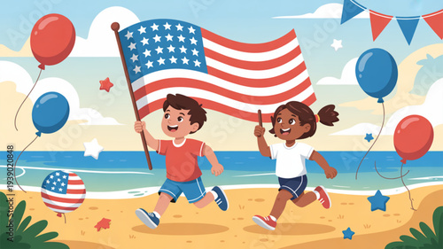Children running on beach holding american flag with balloons and stars joyful 4th of july celebration scene