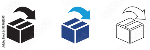 Distribution for Packaging icon. Minimal vector icon set showing an open package box with curved arrow above it, representing product return, exchange, or reverse logistics.