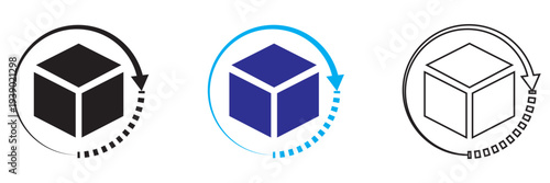 Distribution for Packaging icon. Minimal vector icon set showing an open package box with curved arrow above it, representing product return, exchange, or reverse logistics.