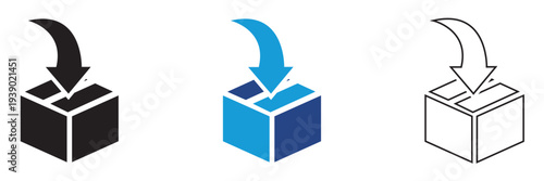 Distribution for Packaging icon. Minimal vector icon set showing an open package box with curved arrow above it, representing product return, exchange, or reverse logistics.