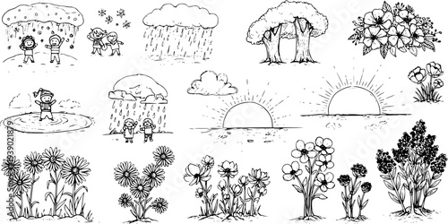 Seasons and Nature Line Art: Snow, Rain, Sun, Trees, Flowers, Children playing