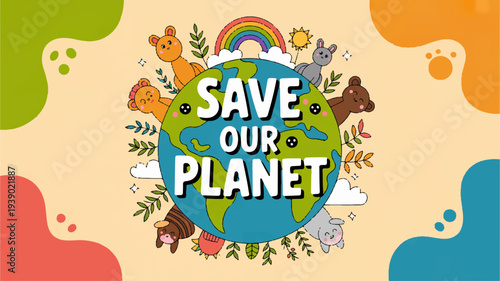 Save our planet earth with animals and rainbow on beige background