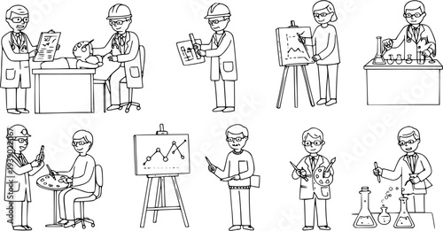Diverse Professions: Doctors, Scientists, Engineers, Artists in Black  White Line Art