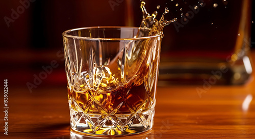 Golden Hour Whiskey Splash: Close-Up of Amber Bourbon Swirling in an Elegant Glass