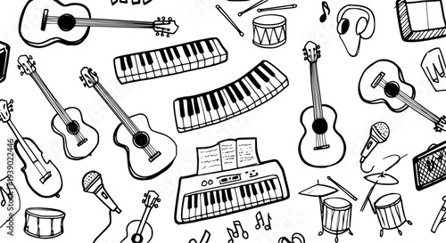 Black and White Line Art Music Instruments Seamless Pattern: Guitars, Keyboards, Drums, Microphones