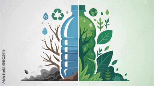 Plastic bottle split in two one side polluted with trash and dry tree the other green with leaves and eco symbols representing environmental impact and sustainability