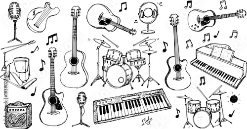 Black and White Line Art Drawing of Various Musical Instruments, Music Notes, and Audio Equipment