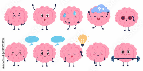 Cute cartoon brains displaying various emotions and mental states
