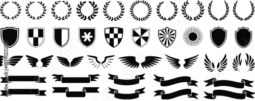 Laurel Wreath, Shield, Wing, Ribbon, and Banner Vector Set – Hand Drawn Laurel Wreaths, Shields, Wings, Ribbons and Banners for Awards, Heraldry, Logos, Badges, and Branding Design Projects