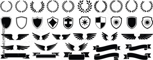 Laurel Wreath, Shield, Wing, Ribbon, and Banner Vector Set – Hand Drawn Laurel Wreaths, Shields, Wings, Ribbons and Banners for Awards, Heraldry, Logos, Badges, and Branding Design Projects