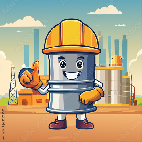 Cheerful cartoon oil barrel mascot in a hard hat and gloves, giving a thumbs-up gesture, symbolizing success and reliability in the petroleum industry